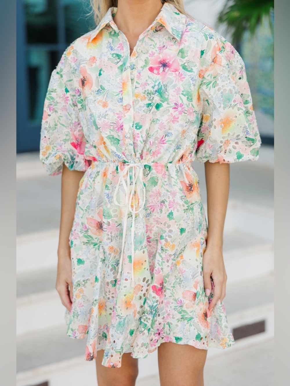 Love Pastel Floral Eyelet Drawstring Mini Dress in White, Pink, Green and Orange